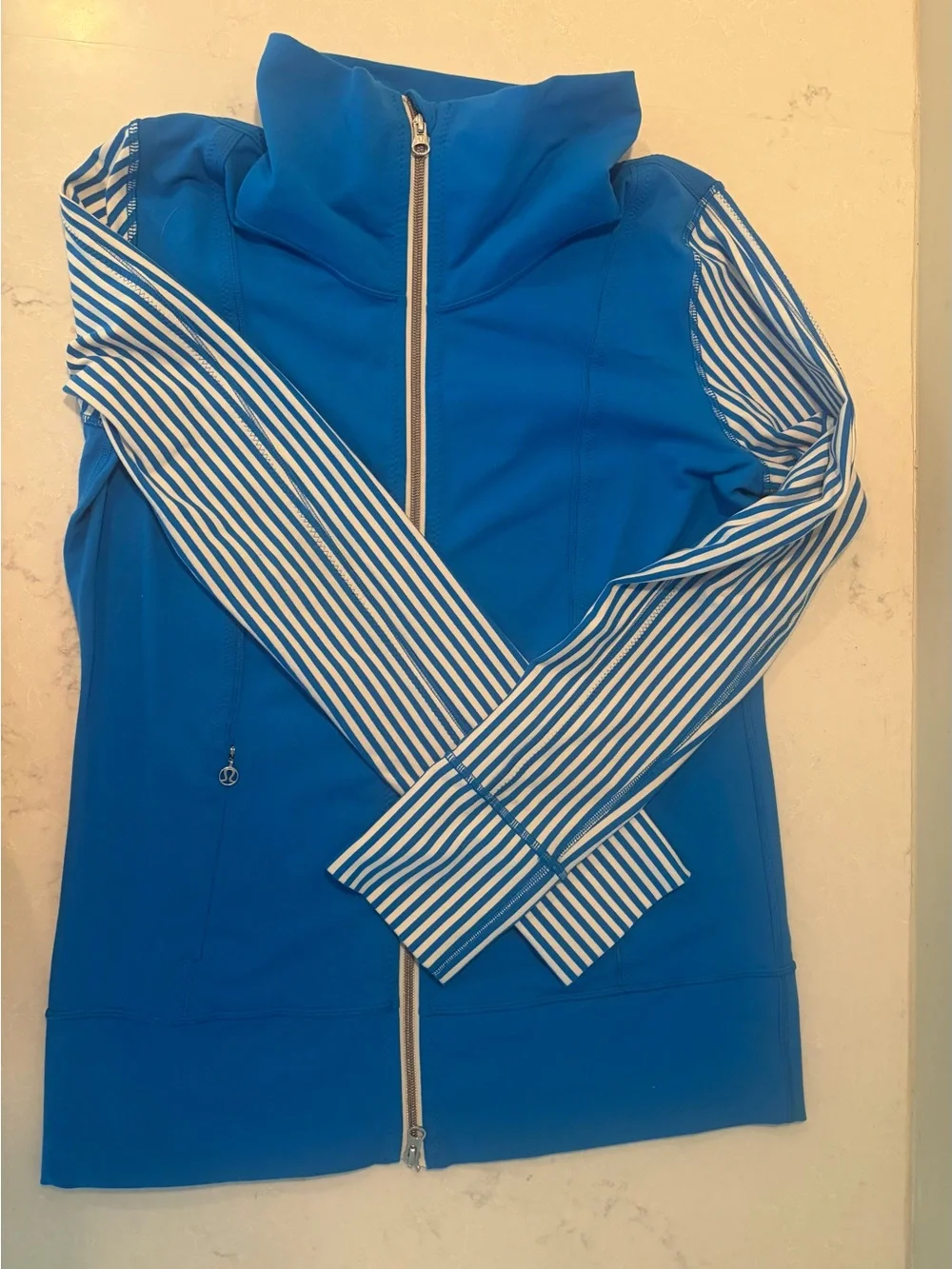 lululemon athletica Bright Blue Zip Jacket with Striped Sleeves size 10